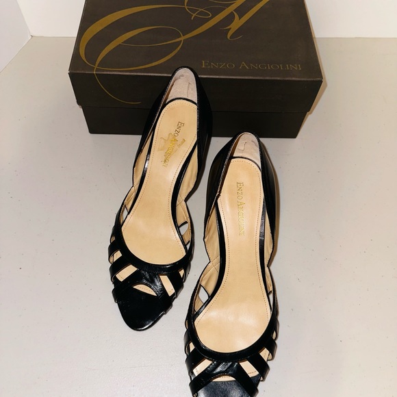 Enzo Angiolini Black Leather Peep Toe Heels - Picture 2 of 8